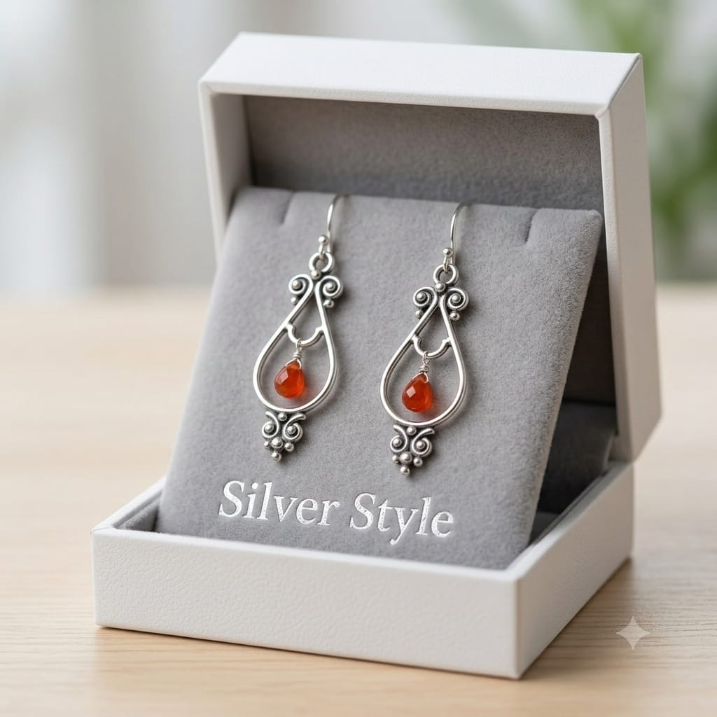 925 Sterling Silver Teardrop Dangle Earrings featuring a natural Carnelian gemstone in an elegant openwork design.