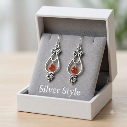 925 Sterling Silver Teardrop Dangle Earrings featuring a natural Carnelian gemstone in an elegant openwork design.