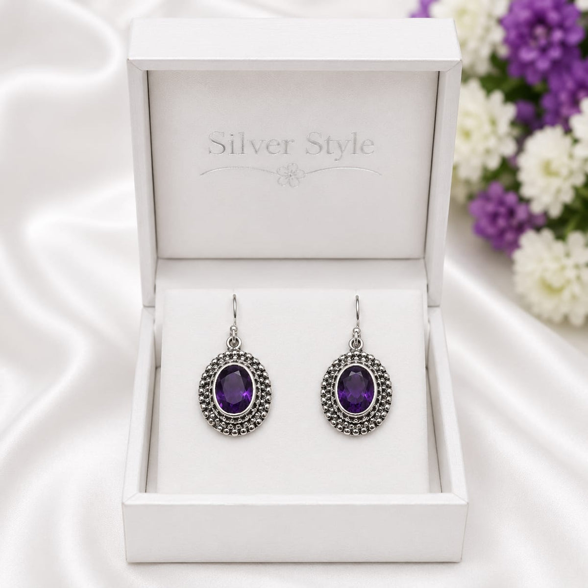 925 Sterling Silver Vintage Drop Earrings featuring oval-cut natural Amethyst gemstones with an intricate oxidized silver frame.