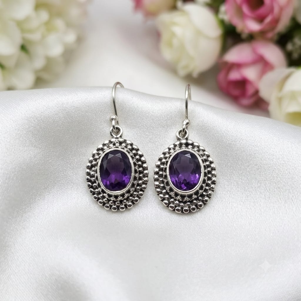 925 Sterling Silver Vintage Drop Earrings featuring oval-cut natural Amethyst gemstones with an intricate oxidized silver frame.