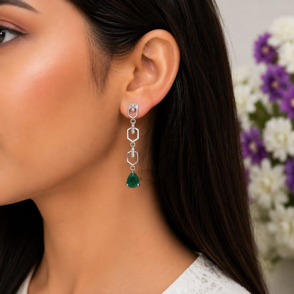 925 Sterling Silver Geometric Drop Earrings featuring pear-cut natural Emerald gemstones with Cubic Zirconia accents.