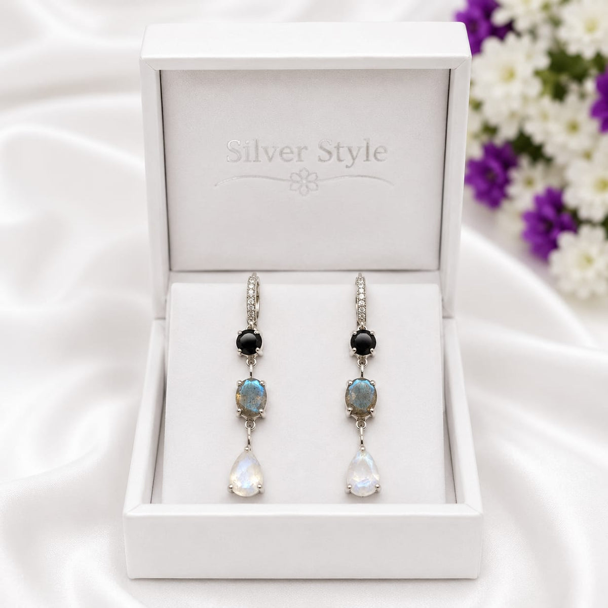 925 Sterling Silver Drop Earrings featuring Black Onyx, Labradorite, and Rainbow Moonstone gemstones in a three-stone dangle design.