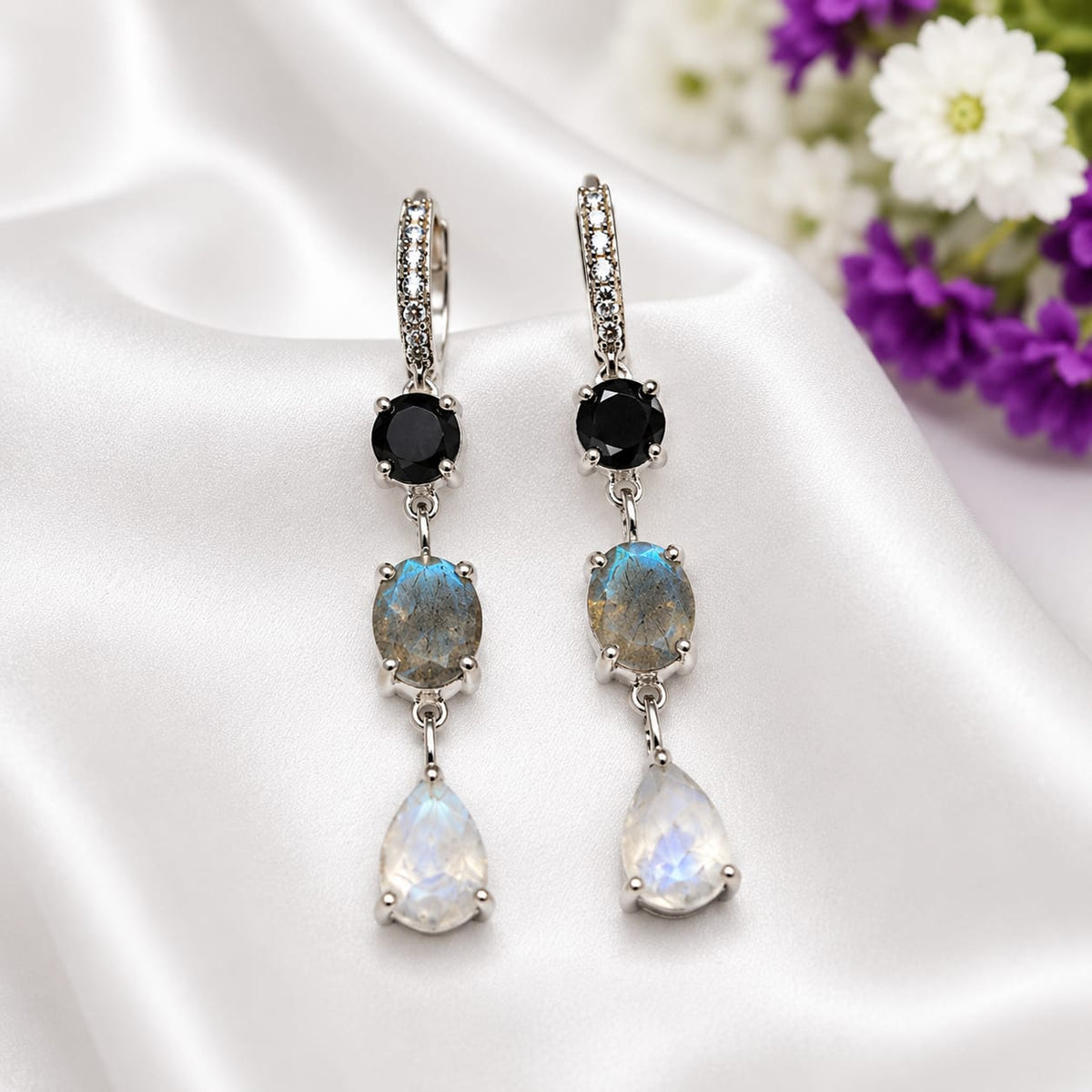 925 Sterling Silver Drop Earrings featuring Black Onyx, Labradorite, and Rainbow Moonstone gemstones in a three-stone dangle design.