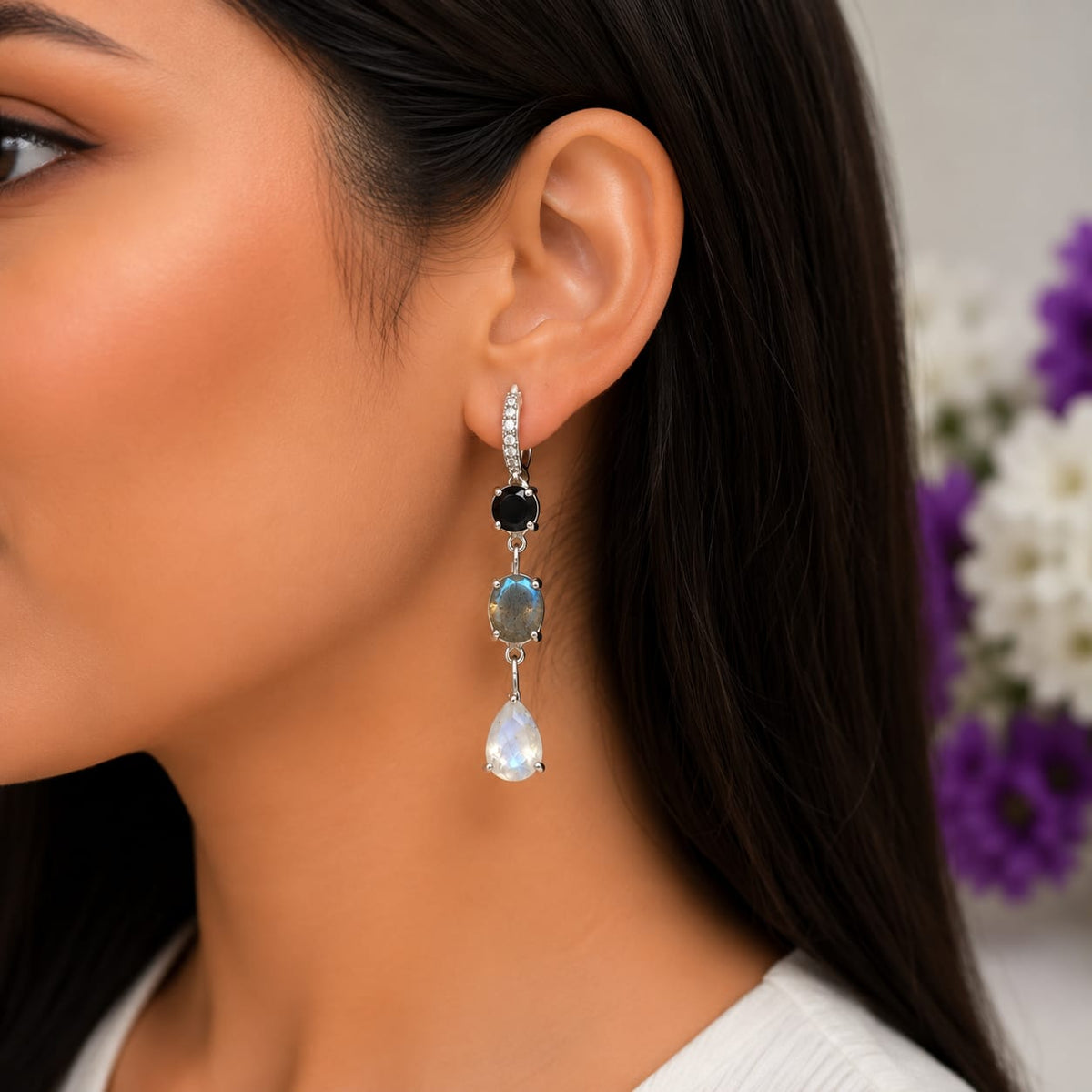 925 Sterling Silver Drop Earrings featuring Black Onyx, Labradorite, and Rainbow Moonstone gemstones in a three-stone dangle design.