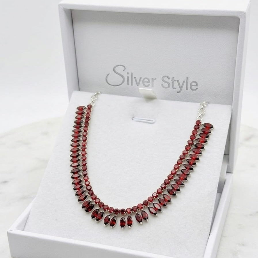 Red Garnet Statement Necklace in 925 Sterling Silver featuring marquise-cut and round Red Garnet gemstones.