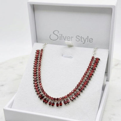 Red Garnet Statement Necklace in 925 Sterling Silver featuring marquise-cut and round Red Garnet gemstones.