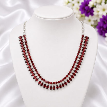 Red Garnet Statement Necklace in 925 Sterling Silver featuring marquise-cut and round Red Garnet gemstones.
