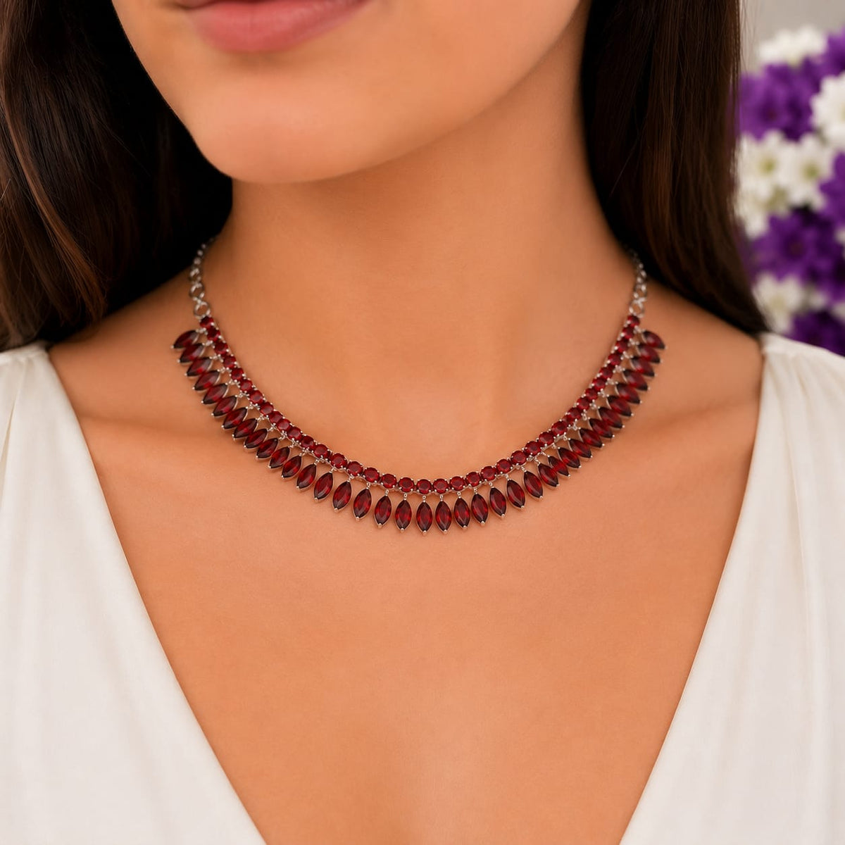 Red Garnet Statement Necklace in 925 Sterling Silver featuring marquise-cut and round Red Garnet gemstones.