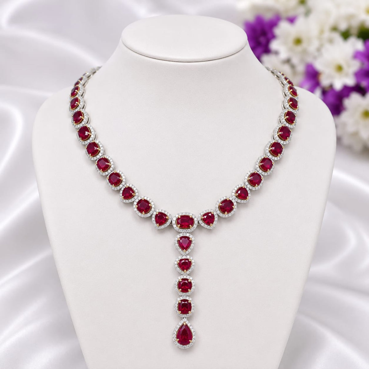 Red Ruby Halo Drop Necklace in 925 Sterling Silver featuring heart, oval, cushion, and pear-cut Red Ruby gemstones with sparkling halo accents.