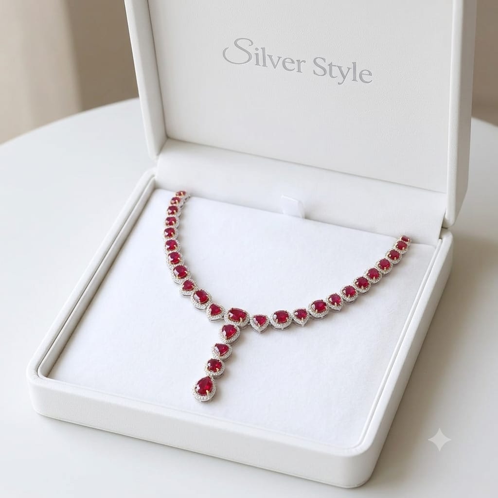 Red Ruby Halo Drop Necklace in 925 Sterling Silver featuring heart, oval, cushion, and pear-cut Red Ruby gemstones with sparkling halo accents.
