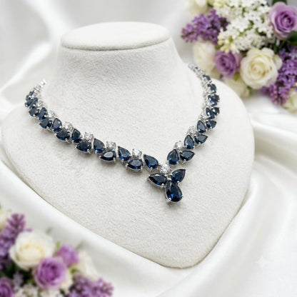 London Blue Topaz Floral Necklace in 925 Sterling Silver featuring pear-cut London Blue Topaz gemstones accented with White Topaz.