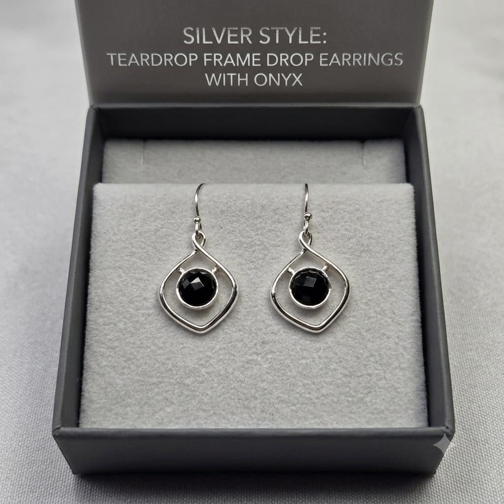 Black Onyx Geometric Earrings in 925 Sterling Silver with faceted round Black Onyx gemstones.