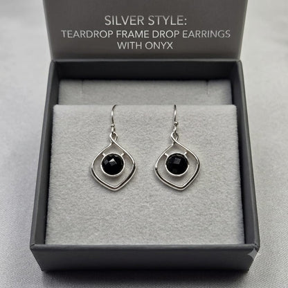 Black Onyx Geometric Earrings in 925 Sterling Silver with faceted round Black Onyx gemstones.