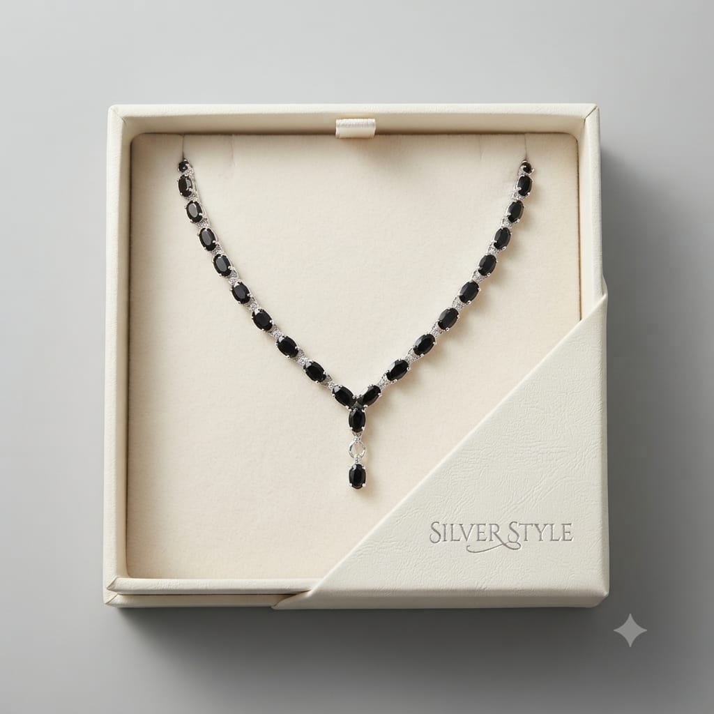 Black Onyx Classic Drop Necklace in 925 Sterling Silver featuring polished oval-cut Black Onyx gemstones with a delicate drop pendant.