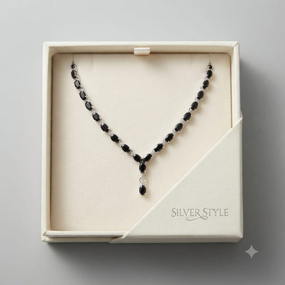 Black Onyx Classic Drop Necklace in 925 Sterling Silver featuring polished oval-cut Black Onyx gemstones with a delicate drop pendant.