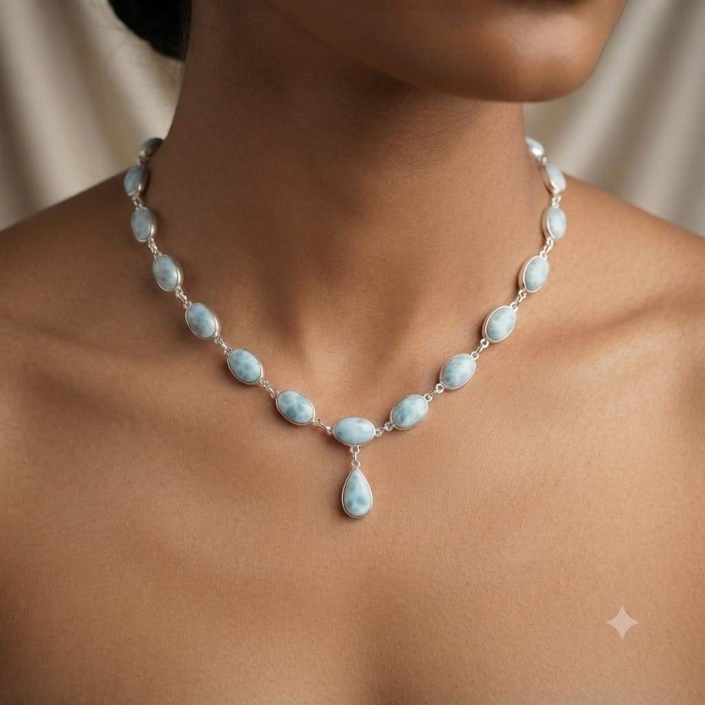 Larimar Oval Drop Necklace in 925 Sterling Silver featuring polished oval Larimar gemstones with a delicate teardrop pendant.