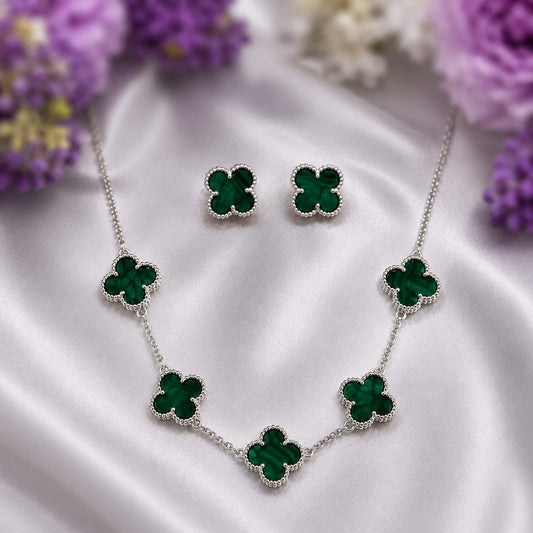 Green Malachite Clover Jewelry Set in 925 Sterling Silver featuring a matching clover necklace and stud earrings.
