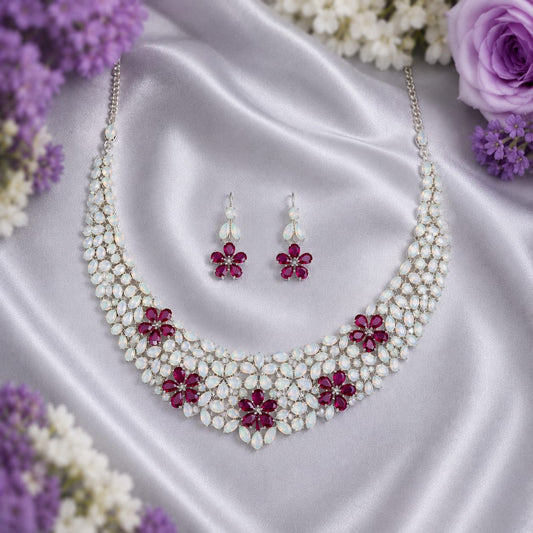 White Opal and Red Ruby Floral Necklace & Earrings Set in 925 Sterling Silver featuring marquise-cut White Opal gemstones and flower-shaped Red Ruby accents.