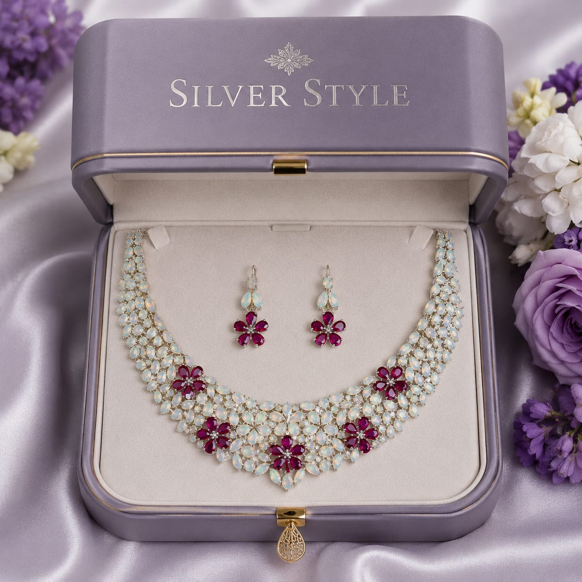 White Opal and Red Ruby Floral Necklace & Earrings Set in 925 Sterling Silver featuring marquise-cut White Opal gemstones and flower-shaped Red Ruby accents.