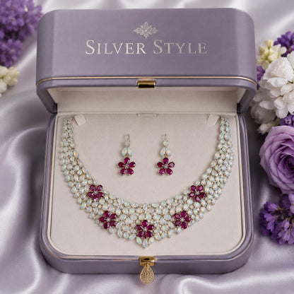 White Opal and Red Ruby Floral Necklace & Earrings Set in 925 Sterling Silver featuring marquise-cut White Opal gemstones and flower-shaped Red Ruby accents.