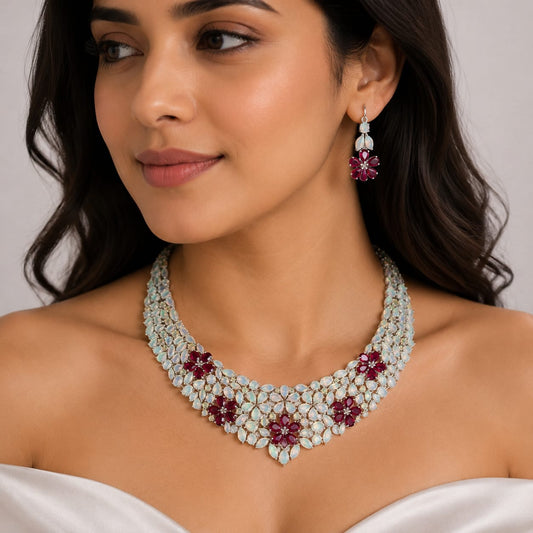 White Opal and Red Ruby Floral Necklace & Earrings Set in 925 Sterling Silver featuring marquise-cut White Opal gemstones and flower-shaped Red Ruby accents.