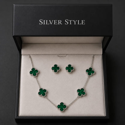 Green Malachite Clover Jewelry Set in 925 Sterling Silver featuring a matching clover necklace and stud earrings.