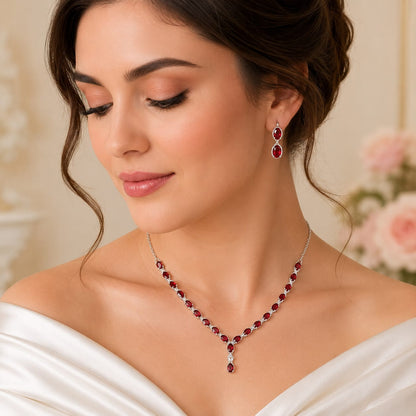 Red Ruby Classic Necklace and Earrings Set in 925 Sterling Silver featuring oval-cut Red Ruby gemstones with matching earrings.
