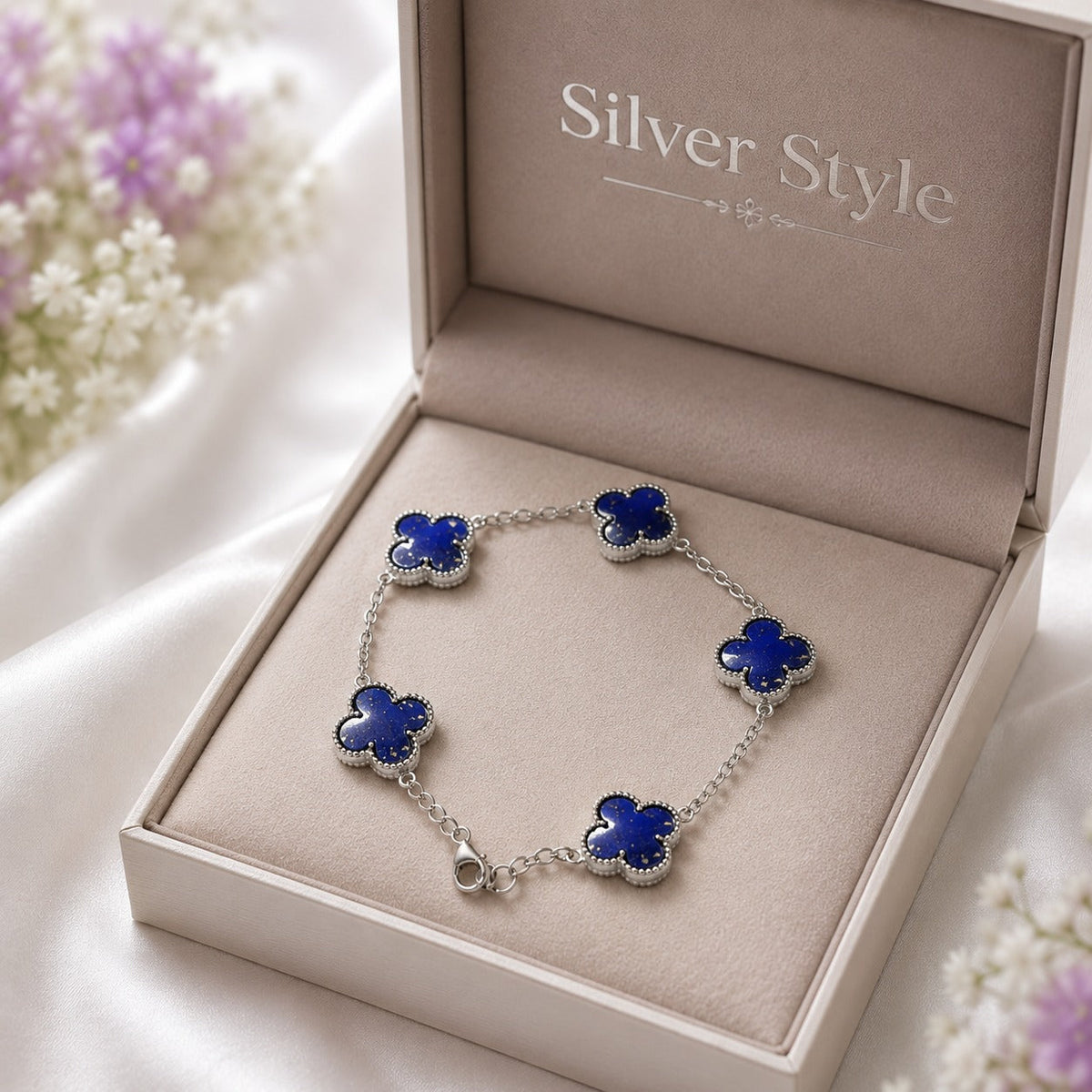 925 Sterling Silver Lapis Lazuli Clover Bracelet with Blue Gemstones