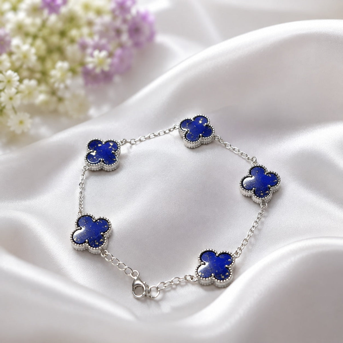 925 Sterling Silver Lapis Lazuli Clover Bracelet with Blue Gemstones
