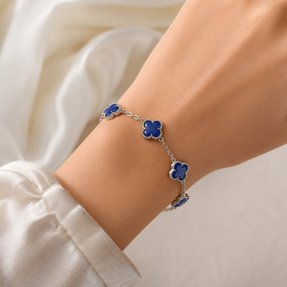 925 Sterling Silver Lapis Lazuli Clover Bracelet with Blue Gemstones