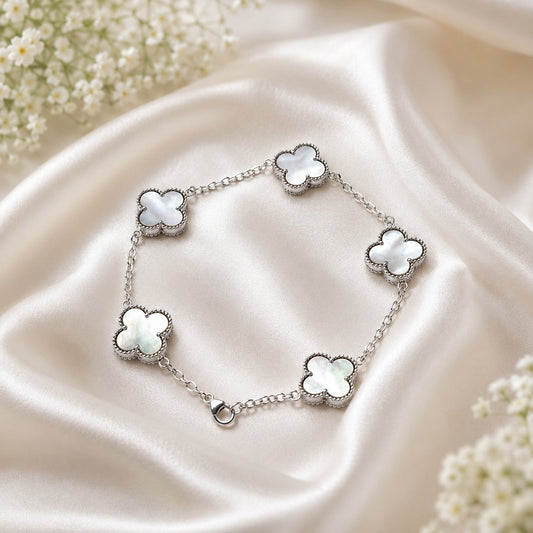 925 Sterling Silver Mother of Pearl Clover Bracelet with White Shell Gemstones