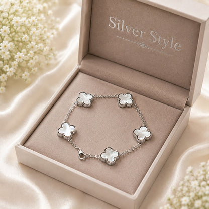 925 Sterling Silver Mother of Pearl Clover Bracelet with White Shell Gemstones