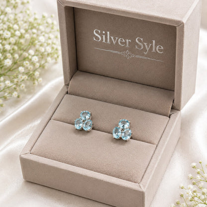 925 Sterling Silver Blue Topaz Cluster Stud Earrings with Light Blue Gemstones