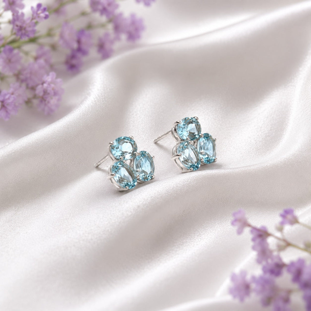925 Sterling Silver Blue Topaz Cluster Stud Earrings with Light Blue Gemstones