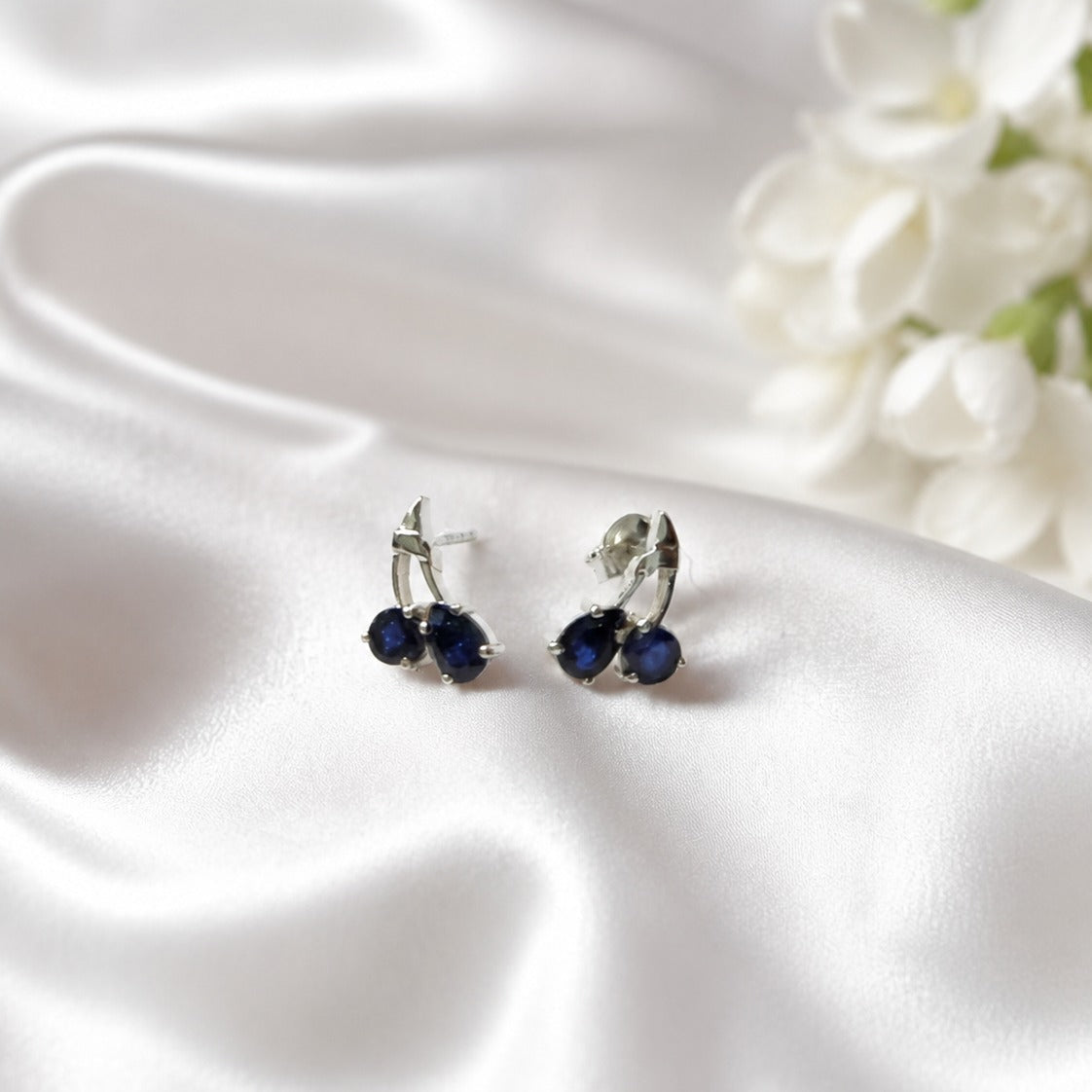 925 Sterling Silver Blue Sapphire Cluster Stud Earrings with Deep Blue Gemstones