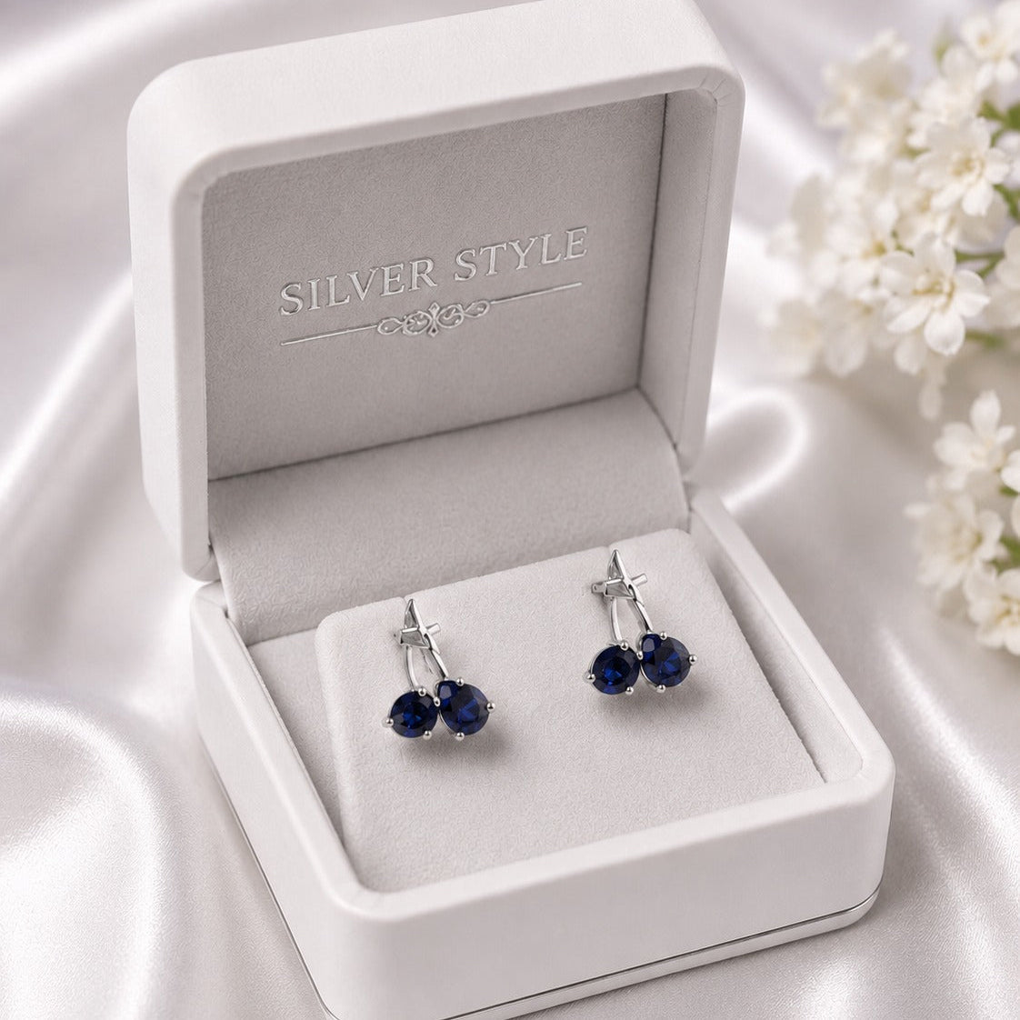 925 Sterling Silver Blue Sapphire Cluster Stud Earrings with Deep Blue Gemstones