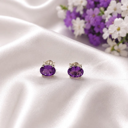 925 Sterling Silver Amethyst Oval Stud Earrings with Faceted Purple Gemstones