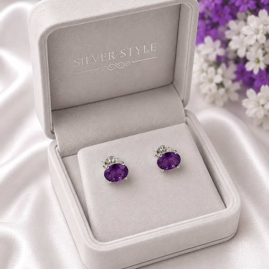 925 Sterling Silver Amethyst Oval Stud Earrings with Faceted Purple Gemstones