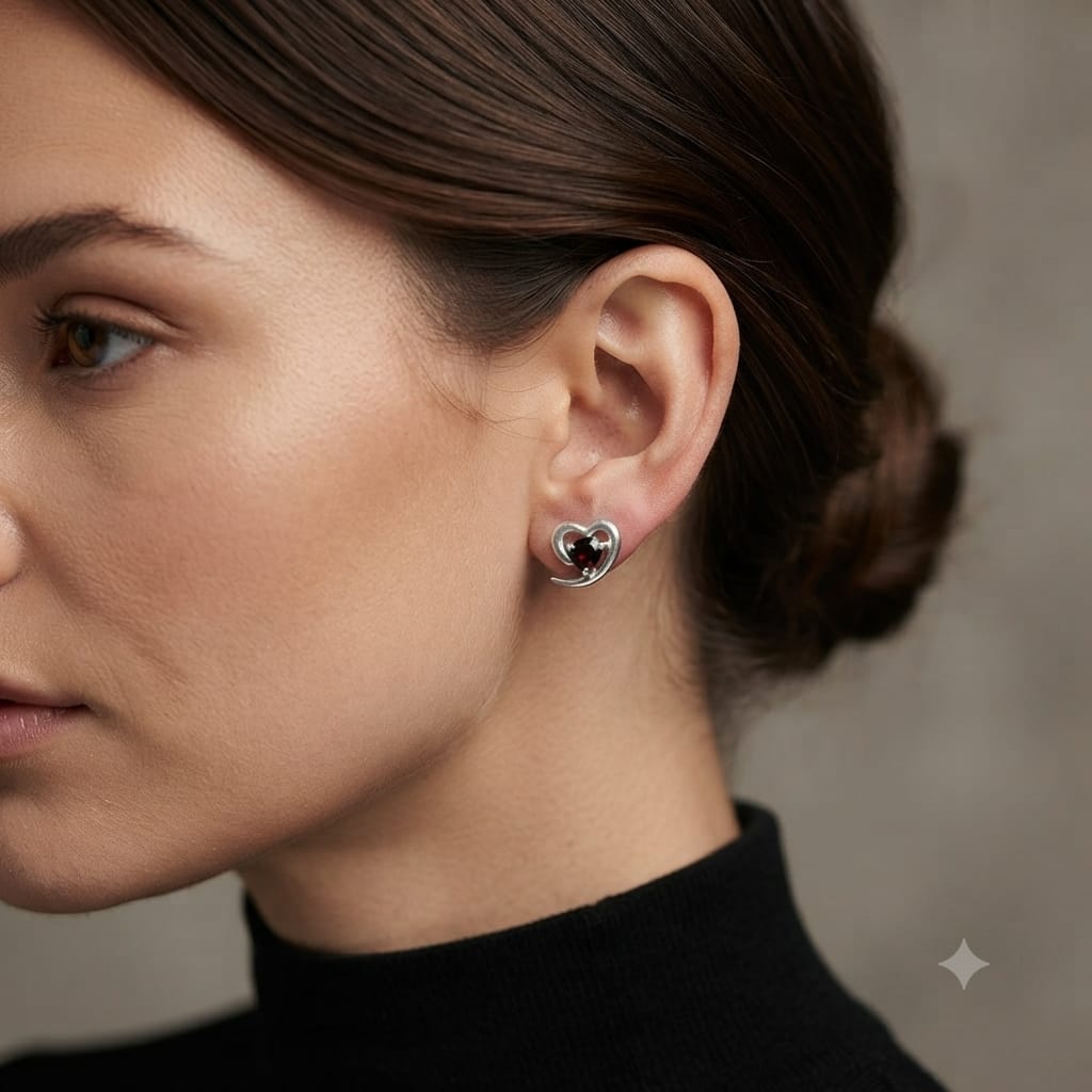 925 Sterling Silver Garnet Heart Stud Earrings with Deep Red Gemstones