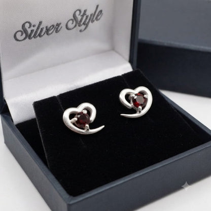 925 Sterling Silver Garnet Heart Stud Earrings with Deep Red Gemstones