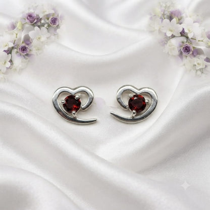 925 Sterling Silver Garnet Heart Stud Earrings with Deep Red Gemstones