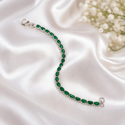 925 Sterling Silver Emerald Oval Link Bracelet with Green Gemstones