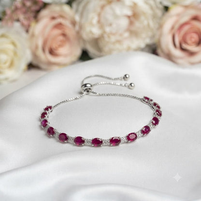 925 Sterling Silver Ruby Adjustable Tennis Bracelet with Red Gemstones