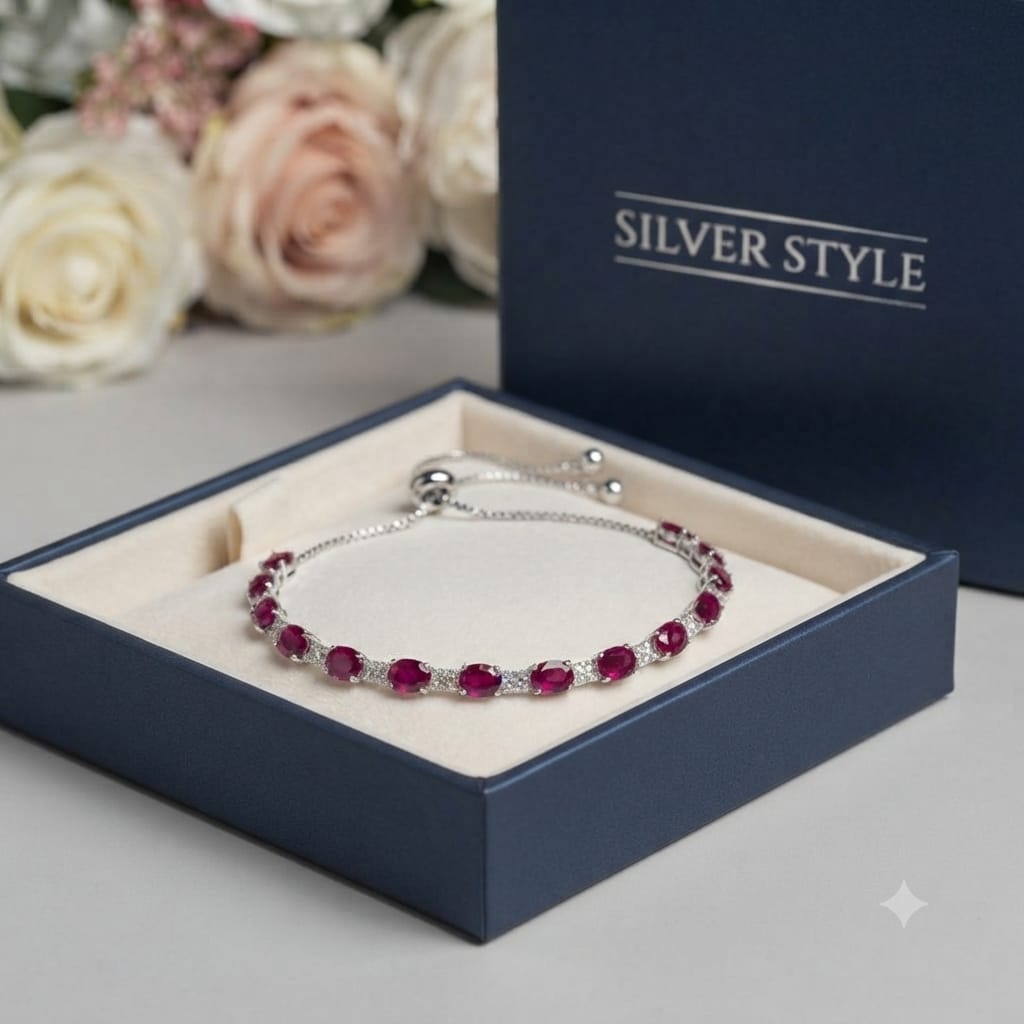925 Sterling Silver Ruby Adjustable Tennis Bracelet with Red Gemstones