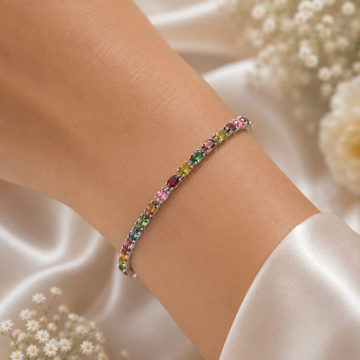 Multicolor Tourmaline Tennis Bracelet in 925 Sterling Silver