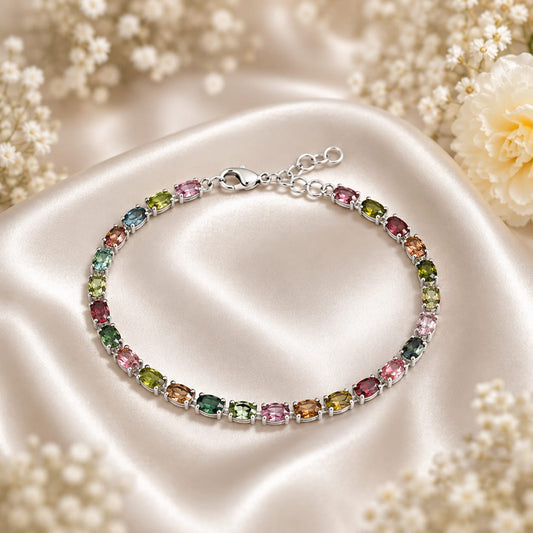 Multicolor Tourmaline Tennis Bracelet in 925 Sterling Silver