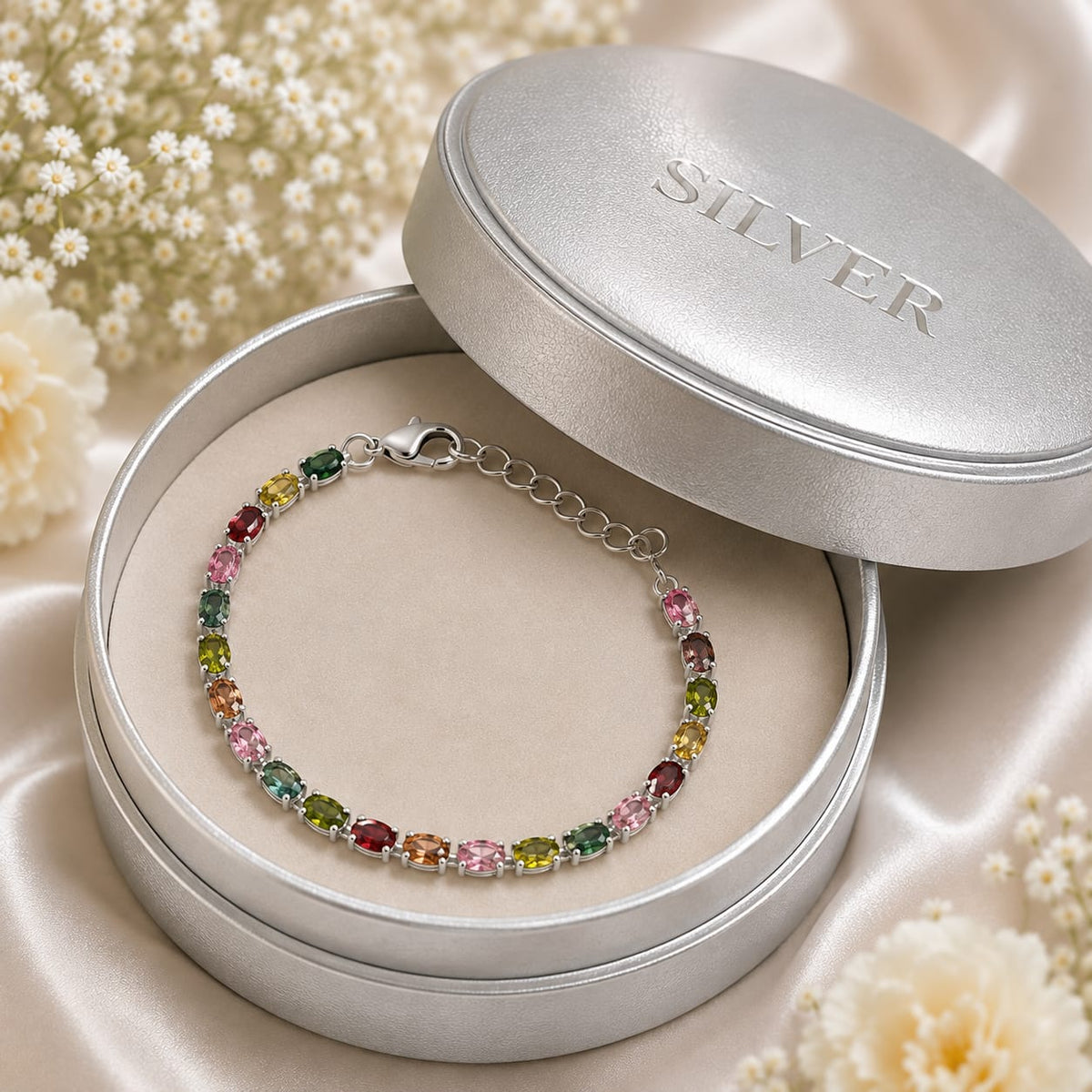 Multicolor Tourmaline Tennis Bracelet in 925 Sterling Silver