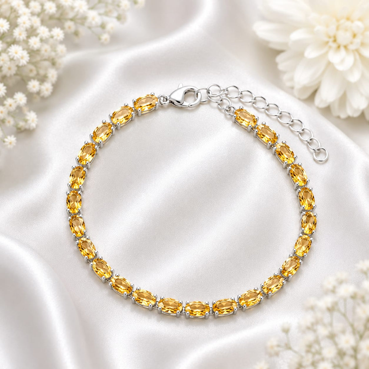 925 Sterling Silver Citrine Bracelet with Oval Yellow Gemstones