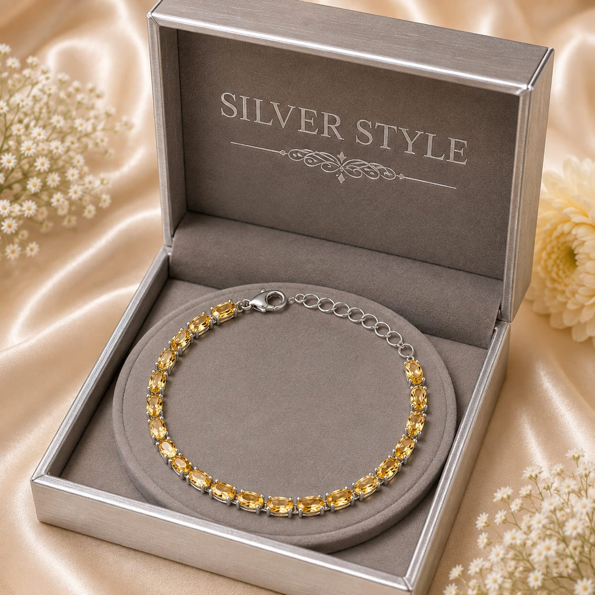 925 Sterling Silver Citrine Bracelet with Oval Yellow Gemstones