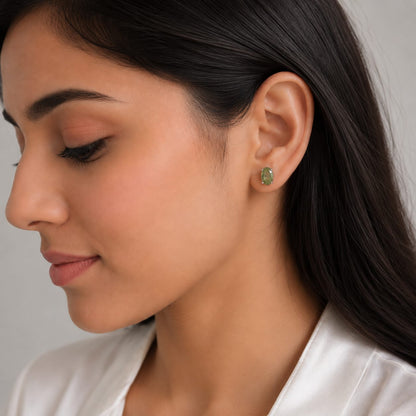 Green Tourmaline ear studs with light green cushion-cut gemstones in 925 Sterling Silver